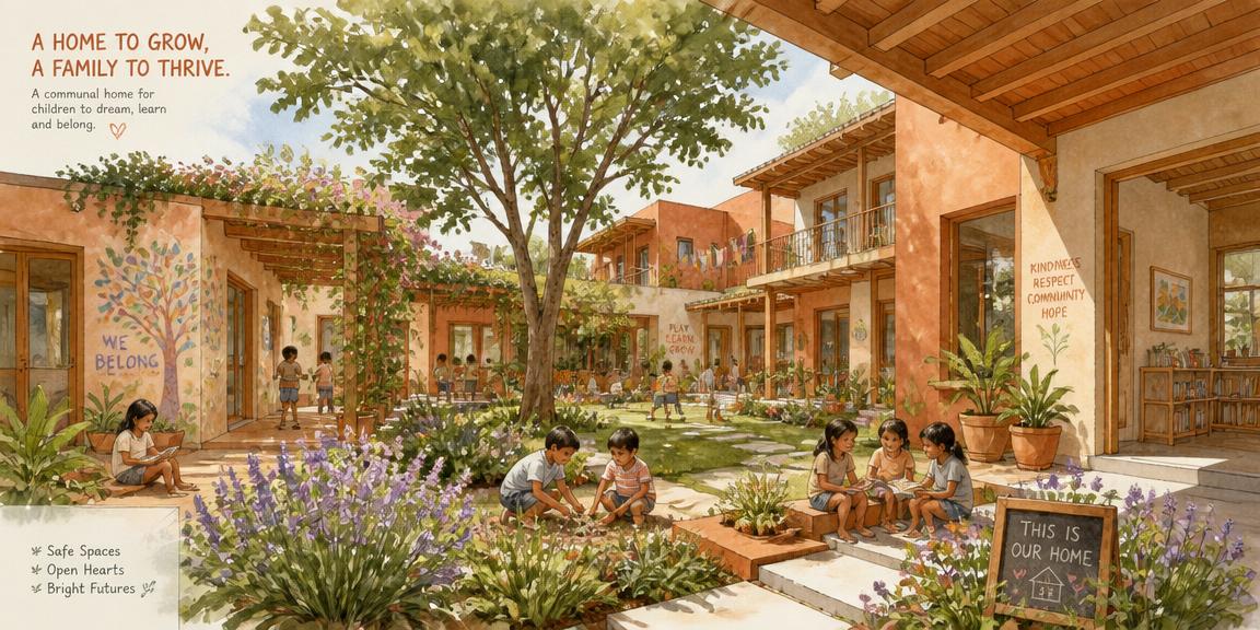 Illustrated concept of a communal children's home with courtyards and gardens