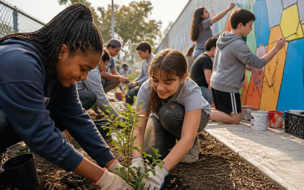 Students planting and painting a mural at a community service project